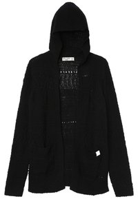 Czarny dziany kardigan z kapturem, z teksturowanym splotem i dwiema przednimi kieszeniami. Otwarty fason, casualowy i lekki.