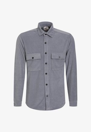 Camicia in corduroy grigia con maniche lunghe, chiusura a bottoni, due tasche sul petto e bottoni neri. Presenta un tessuto a coste testurizzato.