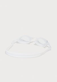Lunettes de natation blanches avec verres transparents, joints en silicone doux et sangles réglables pour un maintien sécurisé. Le design privilégie le confort et la performance.