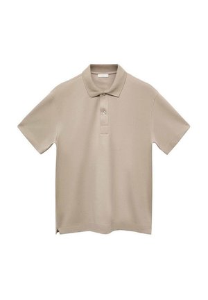 Kurzarm-Poloshirt aus leichtem Baumwollstoff in Beige, mit klassischem Kragen, zwei Knöpfen und kleinen seitlichen Schlitzen am Saum.