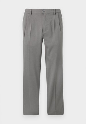Gray tailored trousers with pleats, displayed against a white background. Features a button closure and straight-leg design.