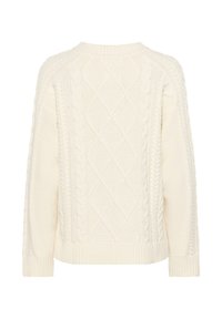 Pull en tricot crème avec un motif en diamant, col rond côtelé et manches longues. Tissu texturé avec une finition douce.