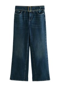 Mörkblå denimbyxor med vida ben och midjeband, med klassiska fickor och en mjuk textur. Utmärkande avslappnad passform.