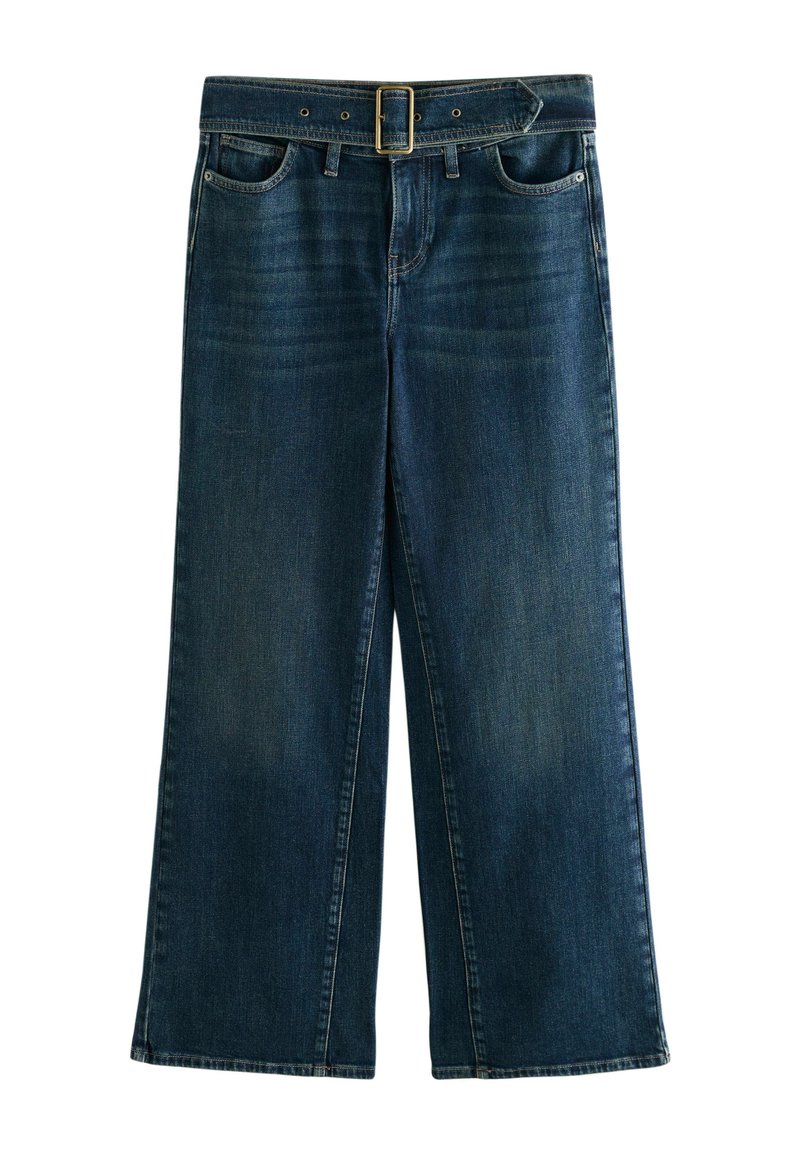 Mörkblå denimbyxor med vida ben och midjeband, med klassiska fickor och en mjuk textur. Utmärkande avslappnad passform.