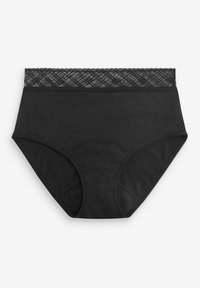 Zwarte hoge tailleonderbroek met een kantafwerking aan de taille, een gladde stof, een vormgevend ontwerp en een klassieke onderbroeksilhouet.