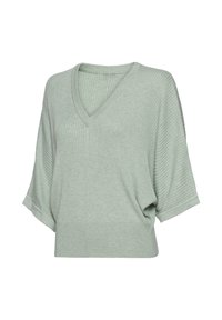 Lichtgroene geribbelde gebreide trui met een V-hals, korte mouwen en een losse pasvorm. Heeft een gestructureerde afwerking en een cropped zoom.