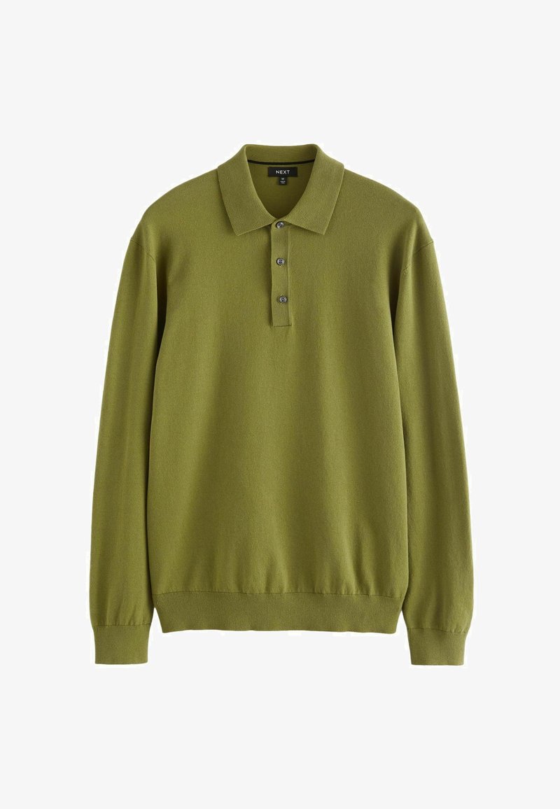 Olijfgroen lange mouw polo shirt gemaakt van zacht materiaal, met een drievoudige knoopsluiting en geribde manchetten aan de mouwen en onderkant.