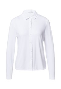 Camicia bianca a maniche lunghe con colletto, chiusura frontale con bottoni, texture liscia, vestibilità su misura e orlo arrotondato. Realizzata in tessuto leggero.