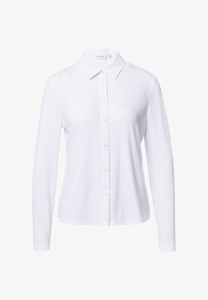 White long-sleeve shirt with a collar, front button closure, smooth texture, tailored fit, and curved hem. Made of lightweight fabric.