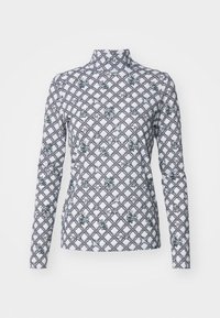 Langärmliges Rollkragenoberteil in Weiß mit einem geometrischen schwarz-grauen Blumenmuster. Hergestellt aus glattem Stoff mit einer taillierten Passform.