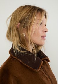 Cappotto di pelliccia sintetica marrone con colletto marrone scuro. Il cappotto presenta un design con bottoni e una texture morbida, che appare caldo e accogliente.