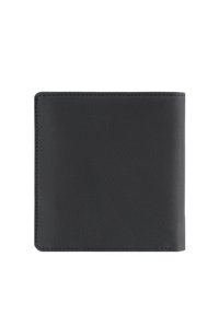 Portafoglio in pelle nera con una texture liscia e design minimalista. Angoli arrotondati e dettagli di cuciture visibili. Forma rettangolare compatta.