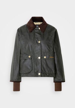 Dark green waxed jacket with a brown corduroy collar, featuring gold snap buttons and two front pockets, and ribbed brown cuffs.