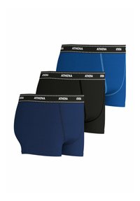 Boxers pour hommes en noir, bleu foncé et bleu vif. En tissu doux, avec une taille noire portant le texte "ATHENA".