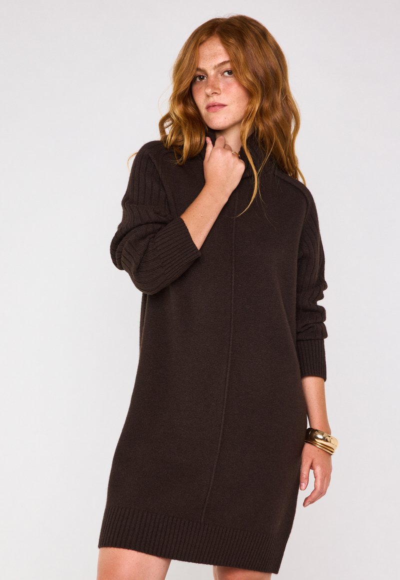 Abito a maglia marrone con scollatura alta, maniche a coste e silhouette rilassata. La texture è morbida con una finitura liscia.