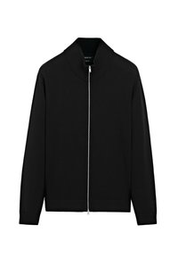 Cardigan nero con colletto alto e zip a tutta lunghezza. Realizzato in un tessuto morbido, presenta polsini e orlo a coste. Design semplice.