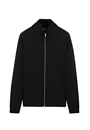 Black cardigan with a high collar and a full-length zipper. Made from a smooth fabric, featuring ribbed cuffs and hem. Simple design.