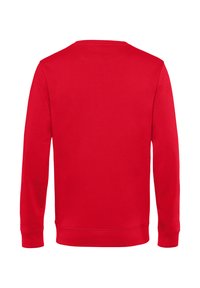 Felpa rossa in cotone con maniche lunghe, colletto a giro e polsini e orlo a coste. Colore uniforme con una texture liscia, senza motivi visibili.