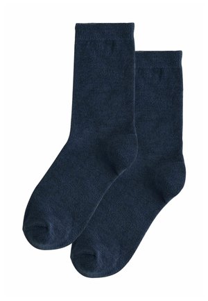 Dunkelblaue Baumwollsocken mit weicher Textur, mittellanger Beinlänge und verstärkter Spitze sowie Ferse für Langlebigkeit.