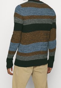 Pull en tricot présentant des rayures horizontales bleues, marron, grises et vertes. Poignets et ourlet côtelés, tissu texturé, col ras du cou.