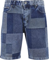 Džinsa šorti ar patchwork dizainu dažādās zilo toņos, ar klasisku piecu kabatu izkārtojumu un metāla pogu aizdari.