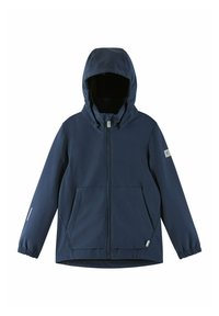 Navyblaue Kapuzenjacke aus weichem Stoff, mit einem Frontreißverschluss, zwei Seitentaschen und elastischen Bündchen für einen hohen Tragekomfort.
