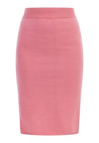 Fustă tip creion tricotată roz, cu un elastic ribbed, textură netedă și un design ajustat. Fără modele vizibile sau detalii metalice.