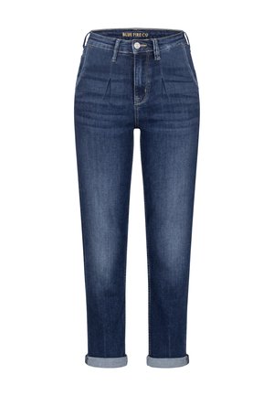 Dark blue high-waist jeans with pleats, front pockets, button closure, belt loops, and rolled cuffs.