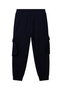 Námořnické modré tepláky z měkké látky, s elastickým pasem, těsnými manžetami a cargo kapsami po stranách. Jednoduchý design bez vzorů.