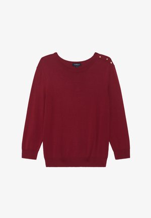 Czerwony sweter z dzianiny z okrągłym dekoltem, długimi rękawami i dekoracyjnymi złotymi guzikami na lewym ramieniu. Miękka tekstura, luźny krój.