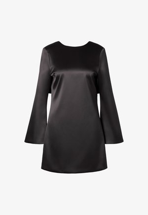 Black satin dress with a round neckline and bell sleeves. Smooth texture, mid-thigh length, simple design without embellishments.