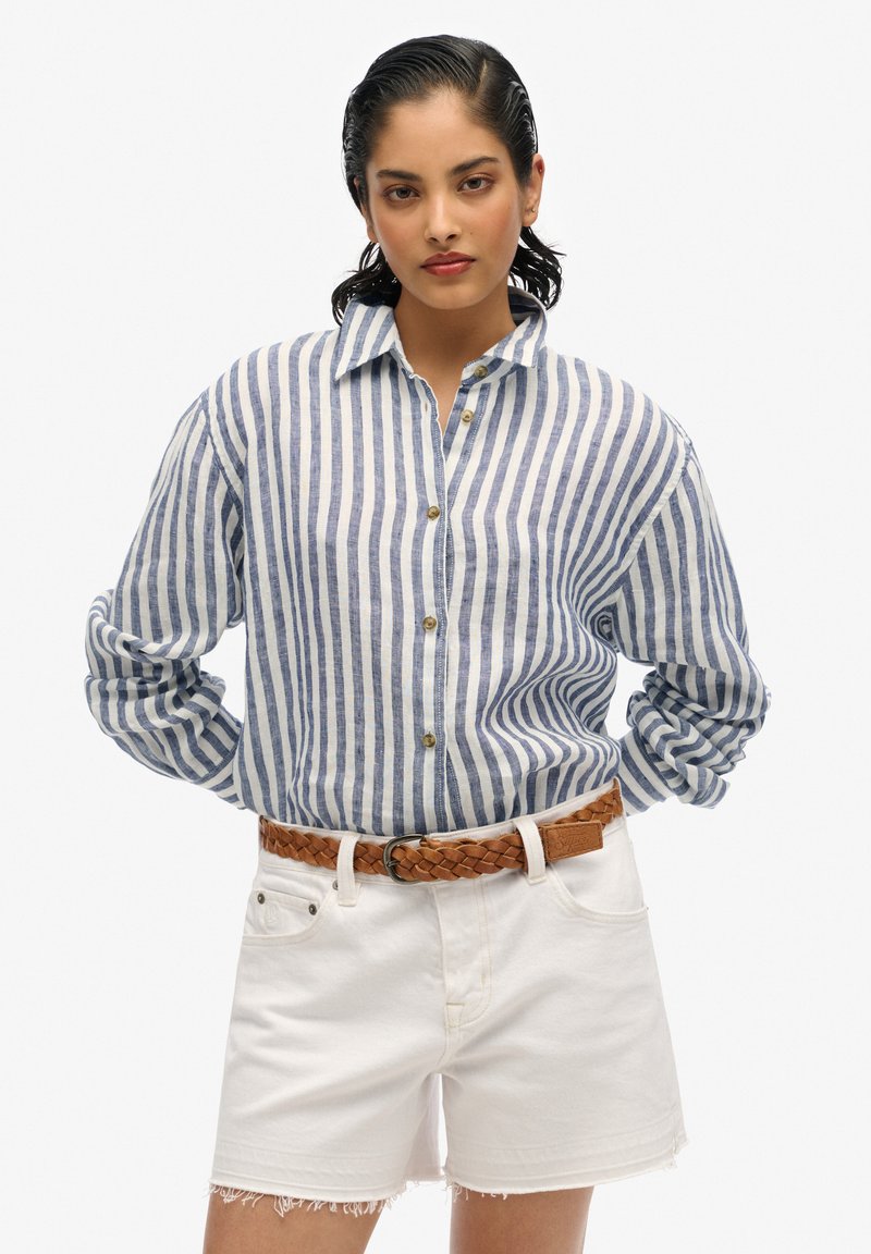 Camisa de lino a rayas azules y blancas con diseño de botones; combinada con pantalones cortos blancos deshilachados y un cinturón trenzado marrón.