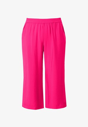 Pantalons rose coupés avec une taille élastique, présentant une texture légère et des poches latérales. Design simple sans motifs visibles.