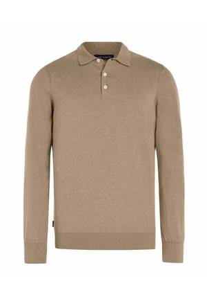 Men’s long-sleeve beige polo sweater with three buttons, ribbed cuffs and hem, and a classic collar.