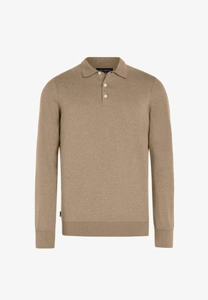 Pull polo pour homme à manches longues beige avec trois boutons, poignets et ourlet côtelés, et un col classique.