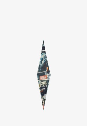 Desigual Schal, diamantförmig, mit bunten grafischen Drucken von Planeten und vintage Bildern, überwiegend blau mit roten Akzenten.