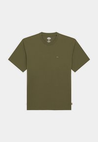 T-shirt verde oliva in cotone. Maniche corte, collo a giro e un piccolo logo a patch sul petto. Tessuto liscio con una vestibilità casual.