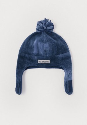 Navy blue fleece hat with a pom-pom on top, ear flaps, and a Columbia label stitched on the front, featuring a soft texture.