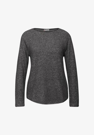 Czarna długa koszula z rękawami typu long sleeve, wykonana z teksturowanej tkaniny, z okrągłym dekoltem i lekko zaokrąglonym dołem. Posiada rękawy raglanowe.