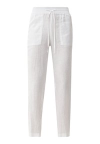 Pantalon en lin blanc avec taille élastique, lien de serrage et grandes poches plaquées à l'avant, coupe fuselée.