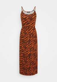 Robe longue avec motif rayures tigre orange et marron, confectionnée dans un tissu léger, dotée de bretelles spaghetti réglables et d'une taille élastique.