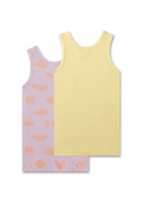 Zwei Baumwoll-Tanktops: eines in Lavendel mit orangefarbenen Tiermotiven, das andere einfarbig in Pastellgelb. Beide haben einen runden Ausschnitt und sind ärmellos.