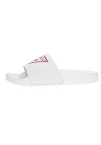 Sandalo bianco con una fascia larga, suola texturizzata e un accento del logo rosso. Realizzato in materiale sintetico, presenta un design semplice.