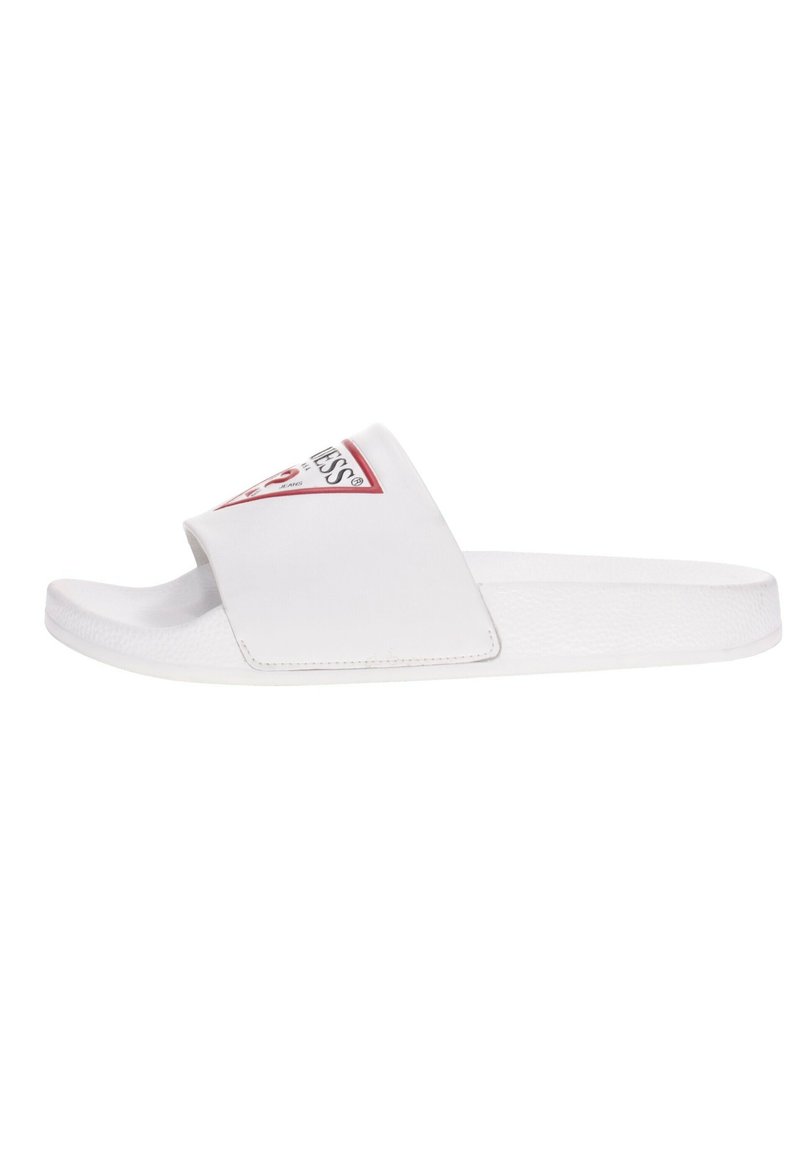 Sandalo bianco con una fascia larga, suola texturizzata e un accento del logo rosso. Realizzato in materiale sintetico, presenta un design semplice.