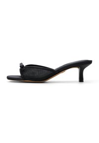 Mules à talons noirs avec une tige en mesh. Présentent un bout arrondi, un accent de nœud décoratif et un talon bloc mince. Semelle lisse.