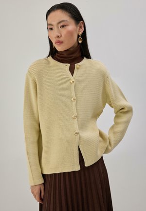 Frau mit langen dunklen Haaren, die goldene Ohrringe trägt, einen beigen Knopfcardigan über einem braunen Rollkragenpullover und einem plissierten Rock, steht mit einer Hand in der Hüfte.