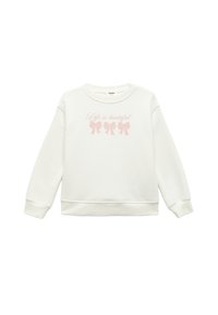 Witte sweatshirt met ronde hals, lange mouwen en een afbeelding met de tekst "Het leven is mooi" boven drie roze strikillustraties.