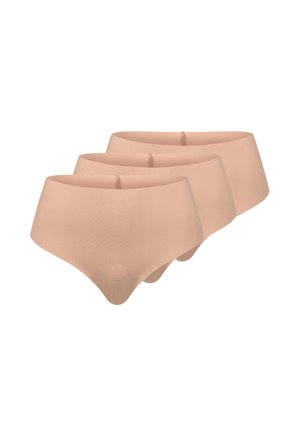 Drei nahtlose, hautfarbene Damenunterhosen mit hoher Taille, überlappend auf weißem Hintergrund angeordnet.