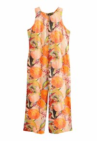 Blommig jumpsuit med ärmlös design, som har ett livfullt mönster av orange frukter och gröna blad på en ljus bakgrund.