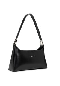 Sac à épaule en cuir noir avec une forme courbée, texture lisse, accents en matériel argenté et logo de la marque imprimé en blanc sur le devant.